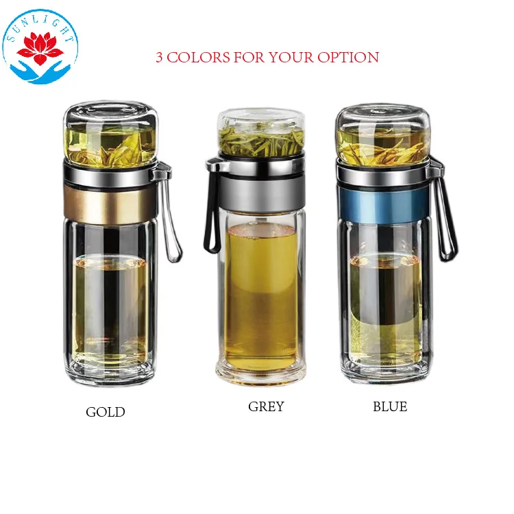 Factory   Price  Tea Infuser Glass  Water Bottle 400ML Double Walled Tea Flask Bottle With Lid