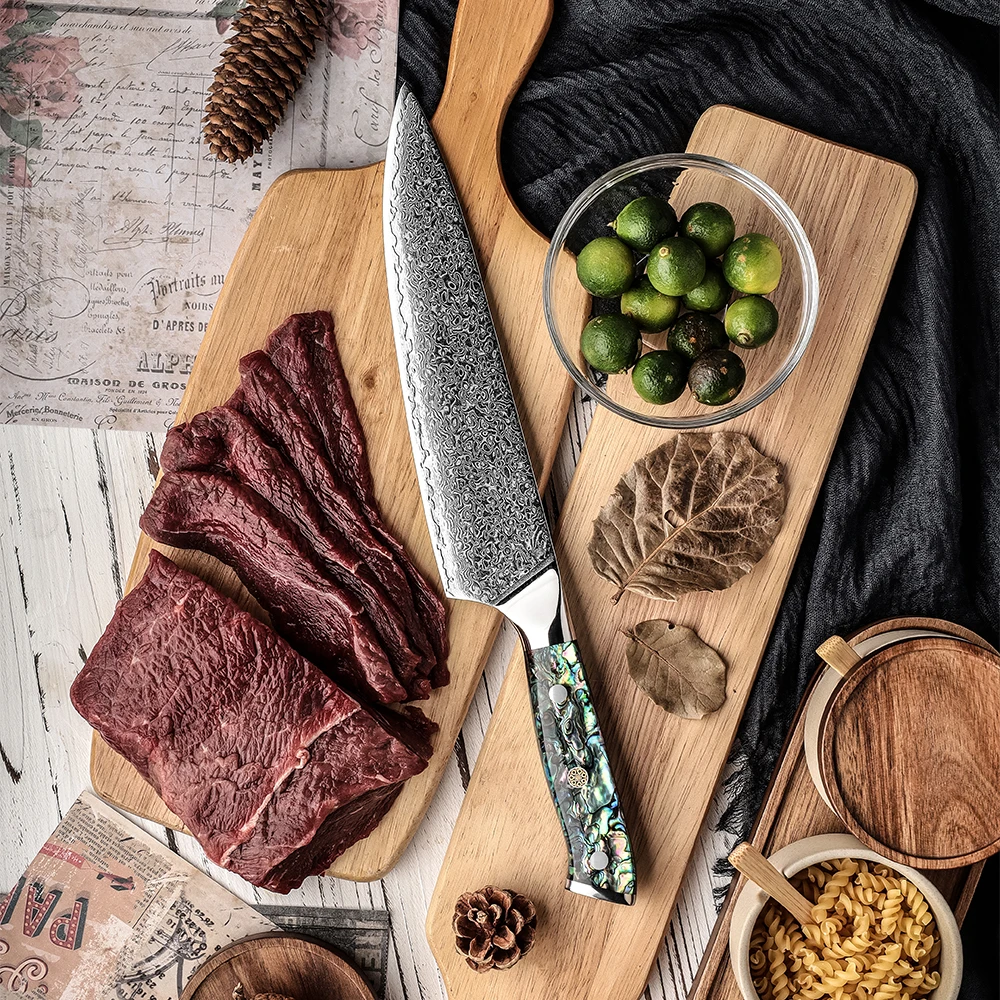 AUS10 Japanese Damascus Kitchen Knife 67 Layers High Carbon Damascus steel chef knife with abalone shell handle