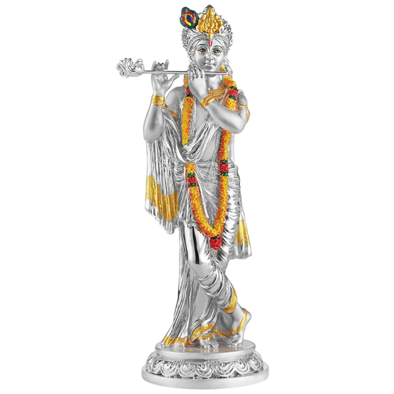 Decorative handmade religious god electroplating brass silver color idol figurine resin lord radha krishna statue