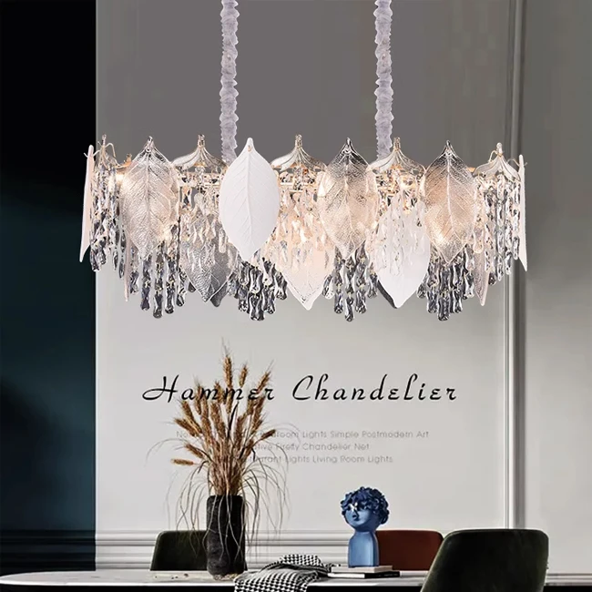 French Empire Crystal Glass Leaf Hanging Pendant Light Living Room Crystal Luxury Chandeliers