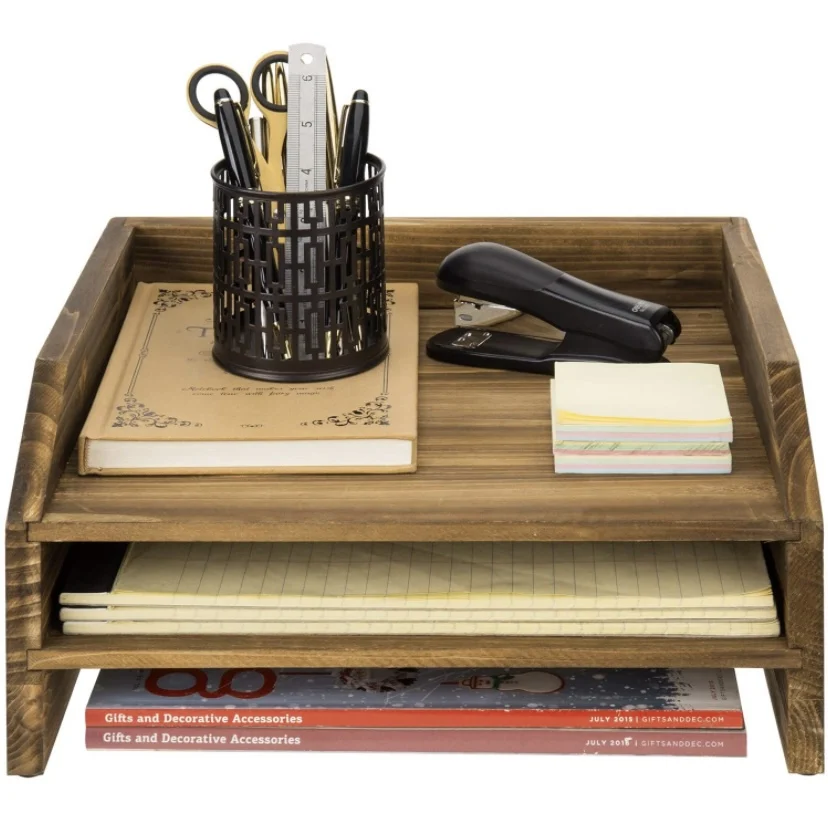 Dark brown wooden storage decoration galvanized office desk folder storage box