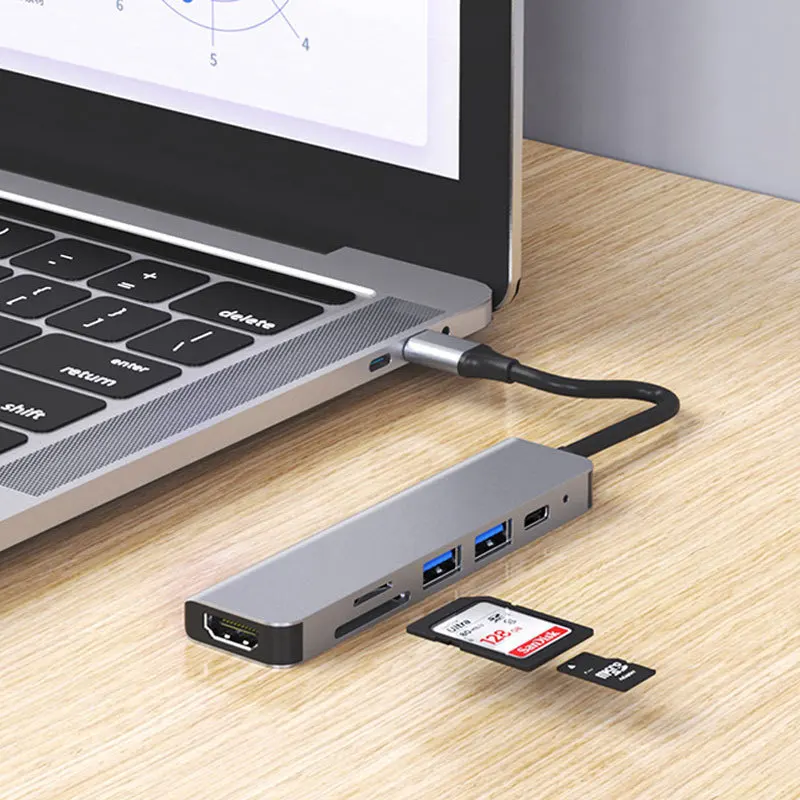 new design 6 in1 4K Type C to HDM-compatible USB3.0 with Micro-S D  TF Card PD Hub Adapter Expansion Dock