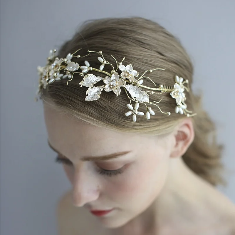 Светлый 14 K позолоченный белый окрашенный лист жемчуг свадебные волосы лоза ювелирные изделия