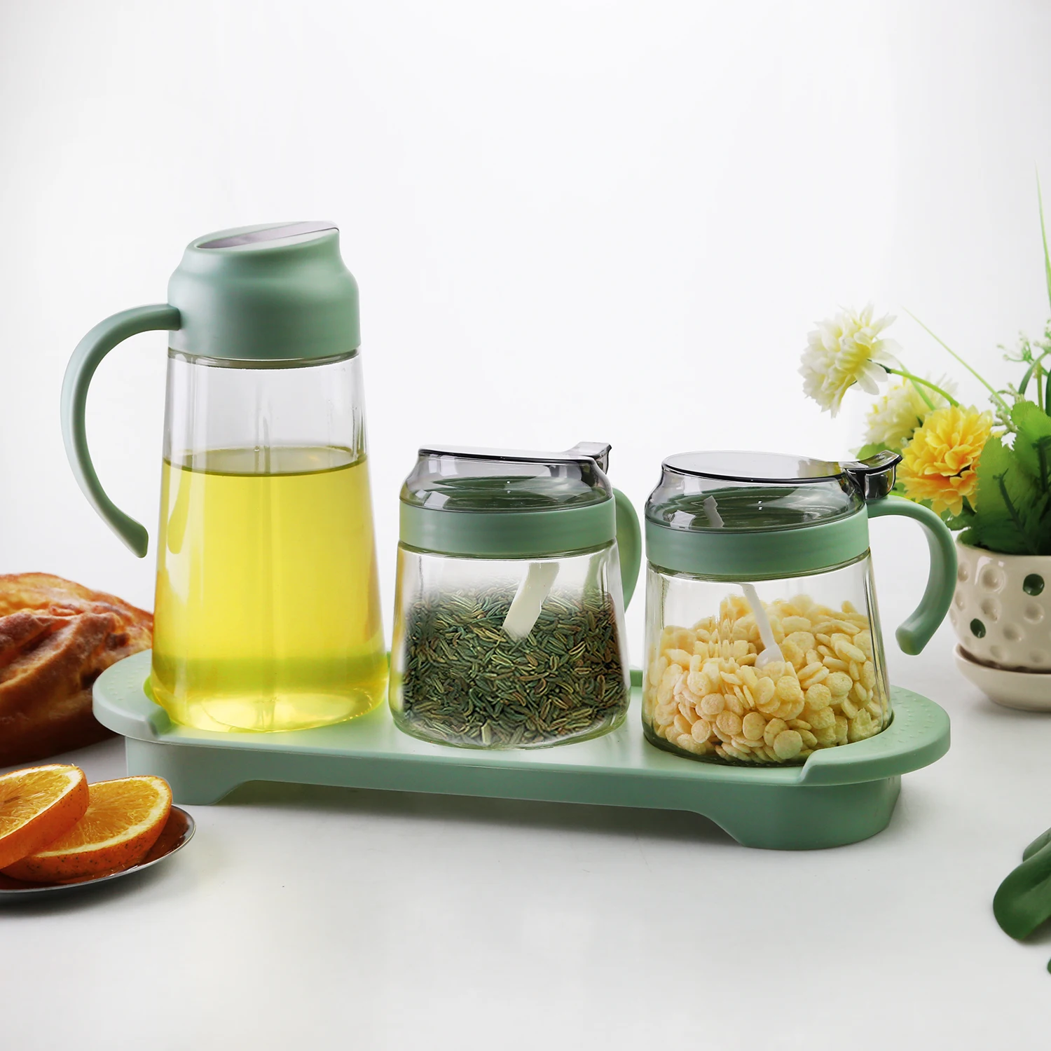 Зеленый дозатор для специй стеклянные банки с пластиковым подносом размещения морской соли тмина