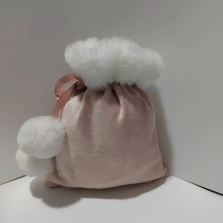 2024 New Xmas pompom Velvet Fabric drawstring Christmas Gift Bag