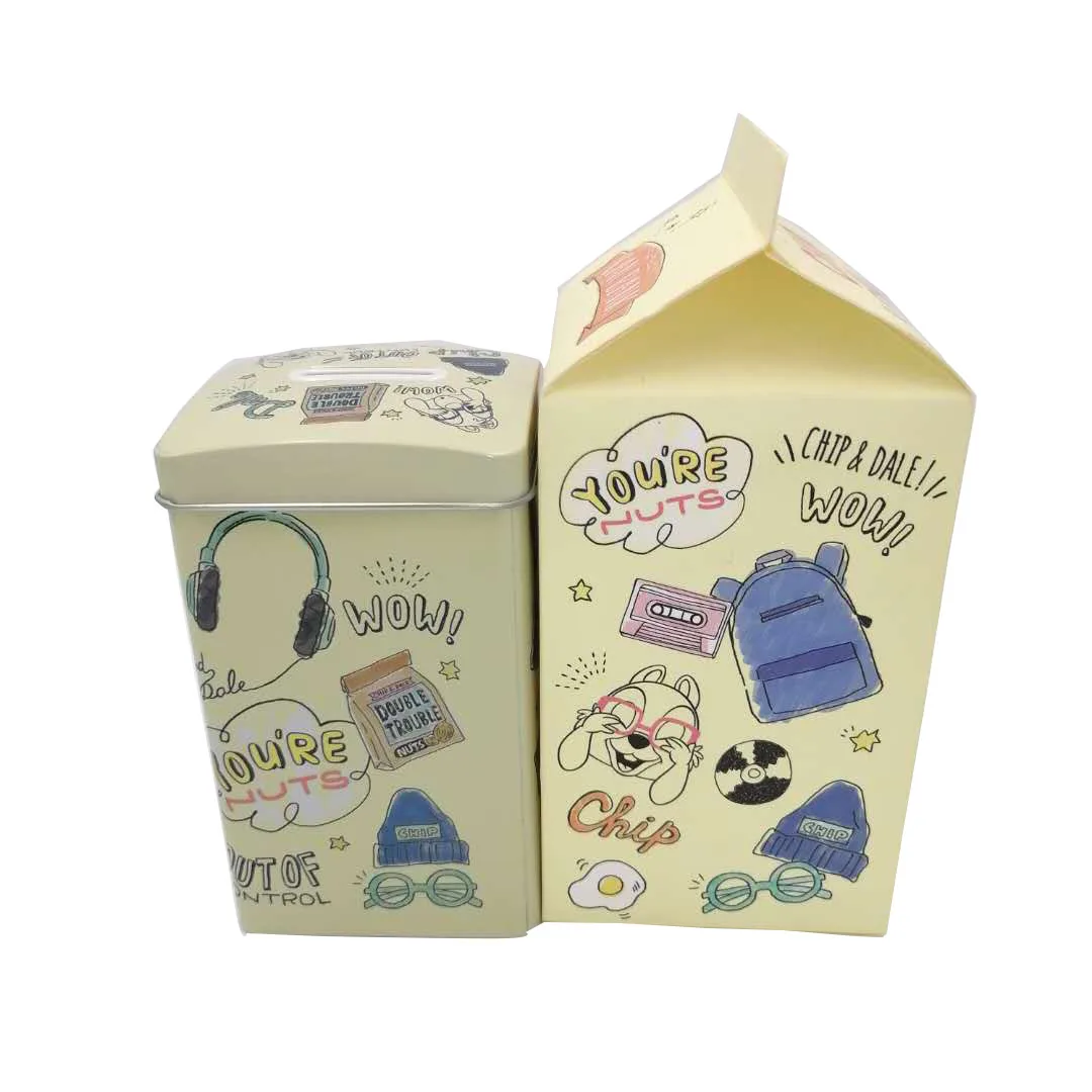 Standard Reusable Square Lovely Cartoon Design Empty Coin Bank Metal Tin Containers