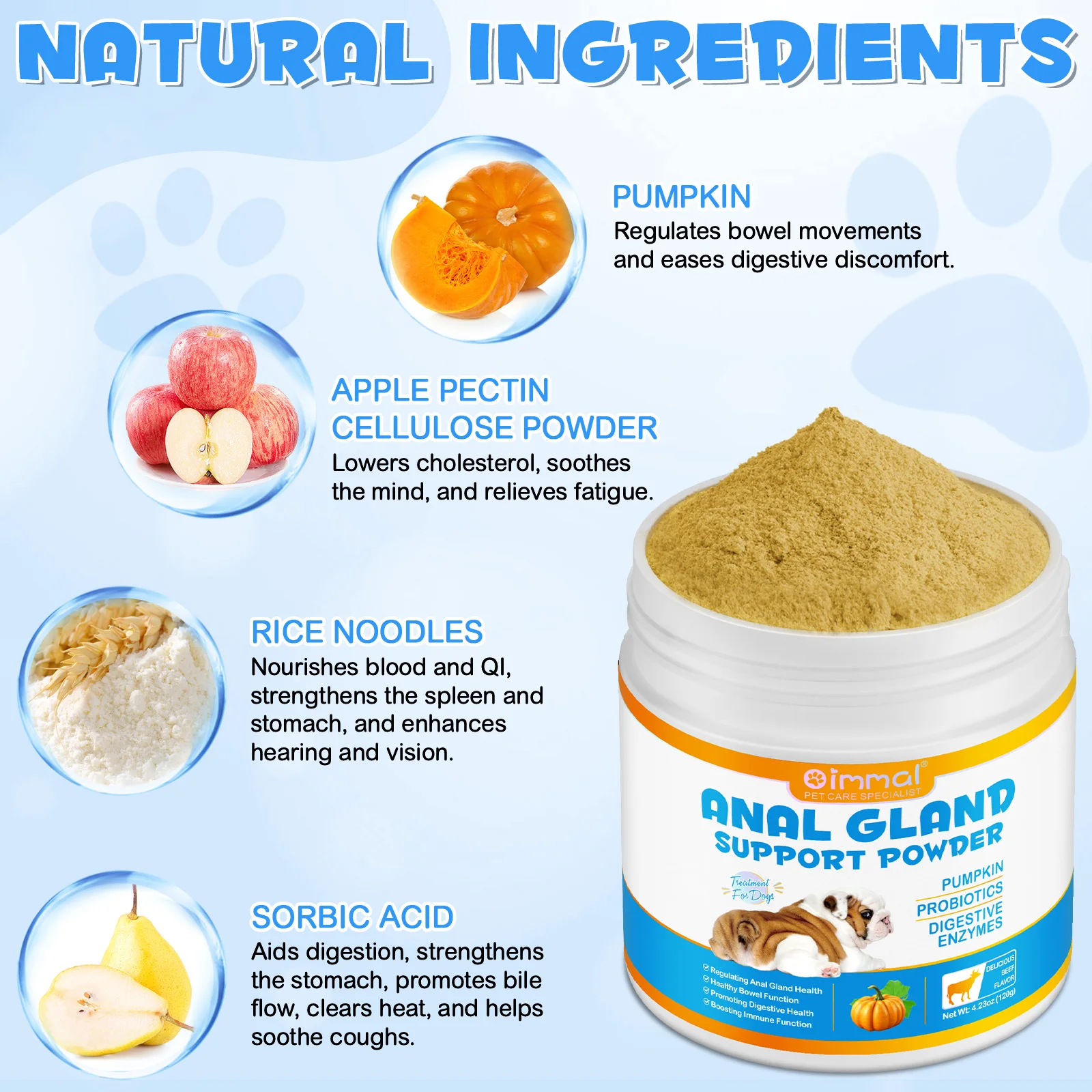 Oimmal Wholesale Pet Fiber Supplements Anal Gland Powder for Dog Digestive Health with Pumpkin Digestive Enzymes Probiotics
