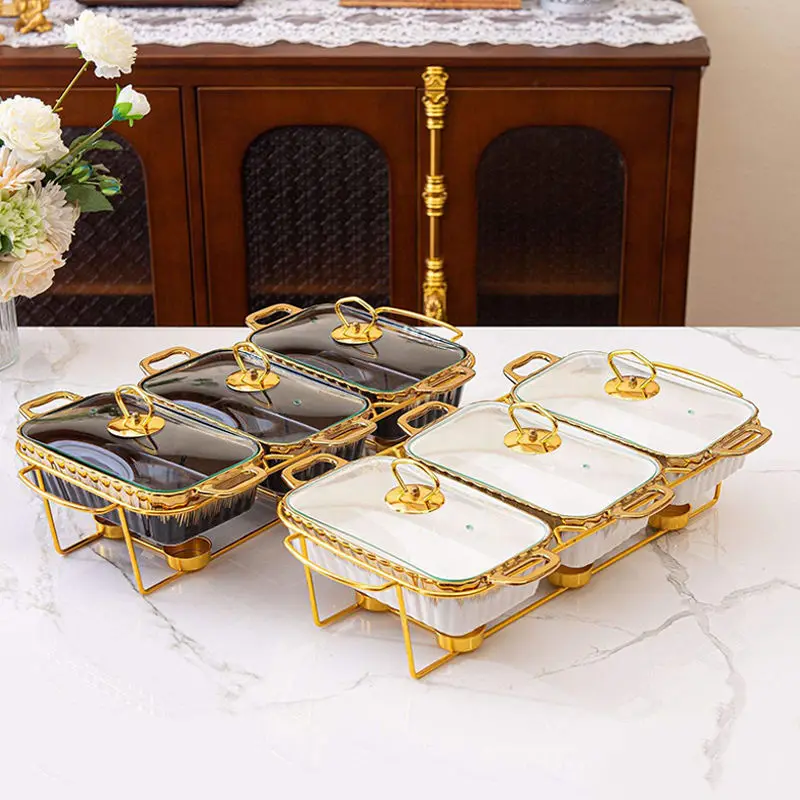 High Quality Wholesale Bake Ceramic 3 Piece Chaffing Set Chafing Dish Casseroles Hot Pot Food Warmer Sets of Porcelain