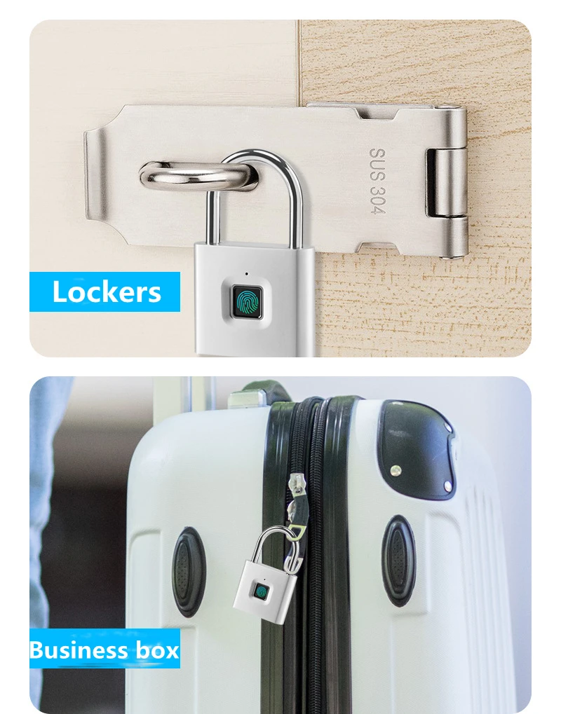 Keyless USB Rechargeable Portable Fingerprint Smart Padlock Quick Unlock Zinc Alloy Smart Biometric Fingerprint Padlock