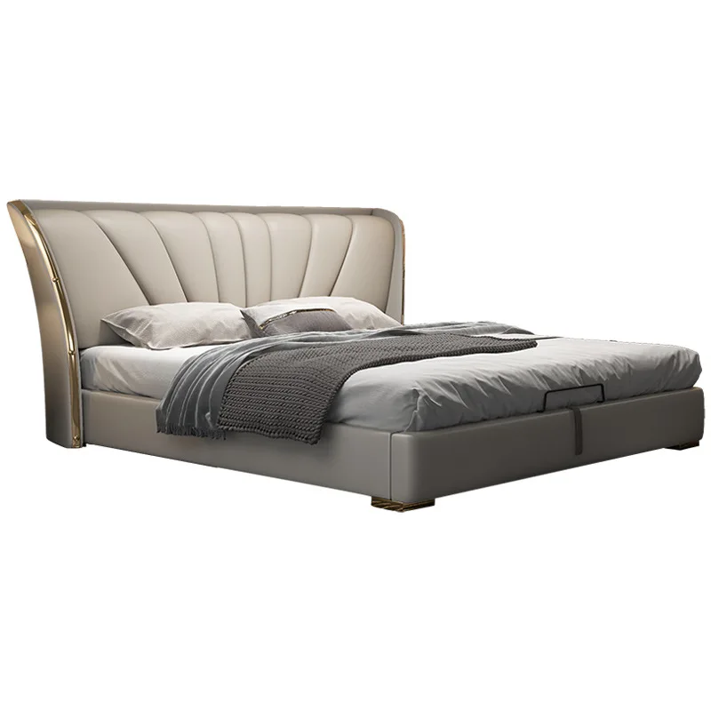Nordic high-end double leather bed light luxury modern simple master bedroom Italian small size high box upholstery wedding bed