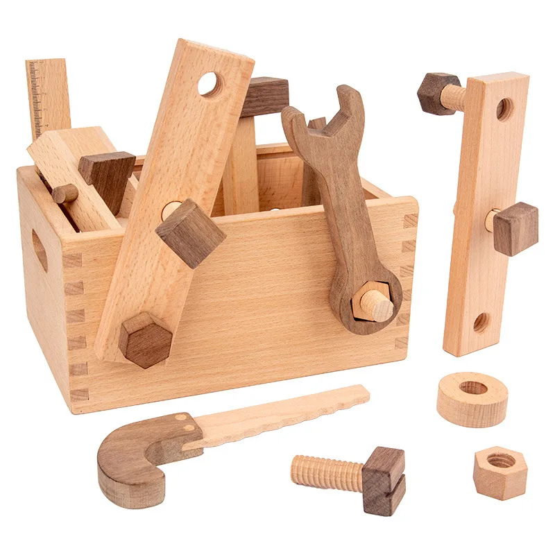 High quality log unpainted boy play house toy over 3 years old hands-on ability craftsman repair box nut wooden tool box toys