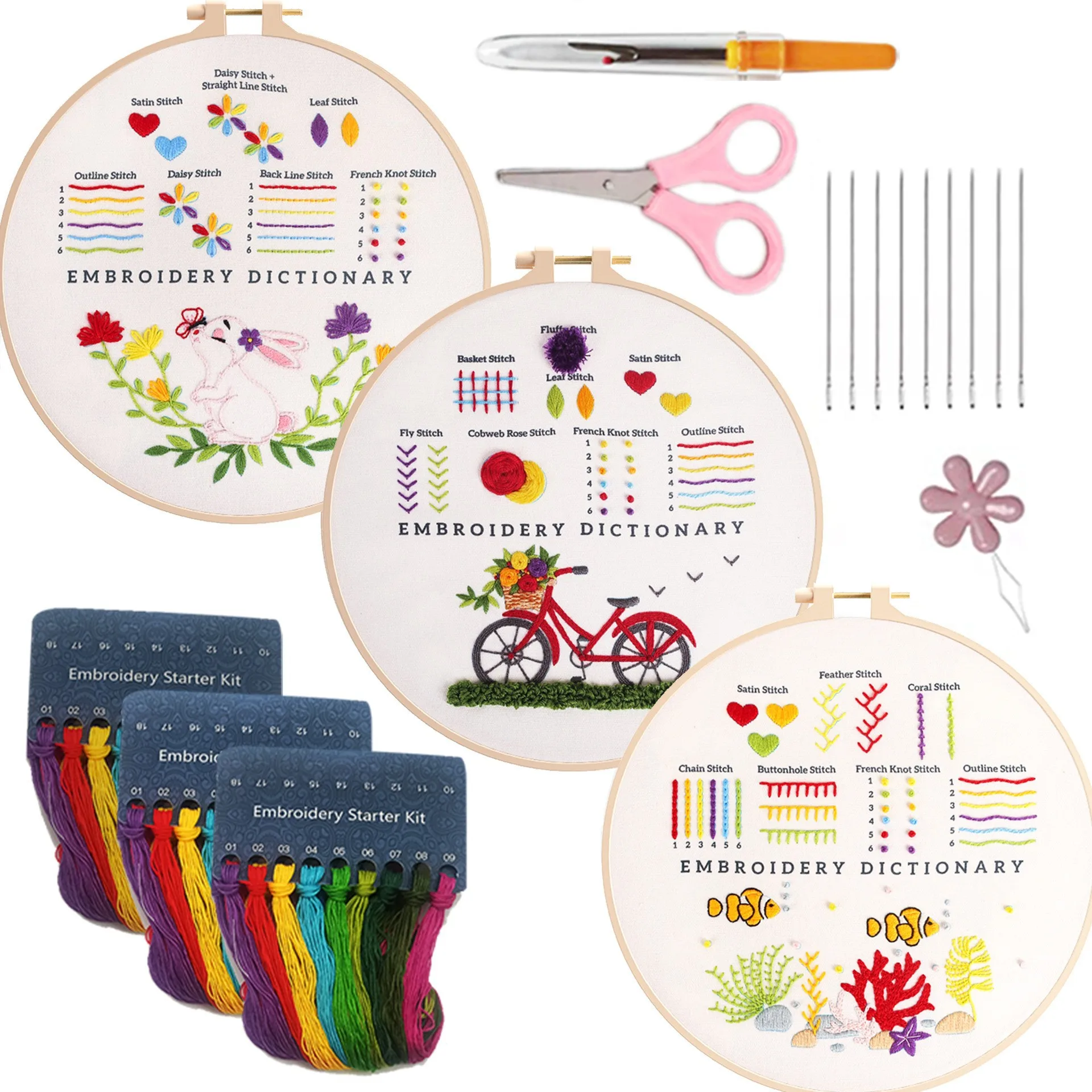 3 Sets Embroidery Stitches Practice Kit Hand Embroidery Kit for Adults Kids Beginners