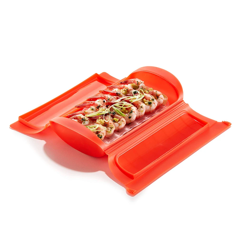 Amazon Hot Professional Cooking Tools Custom Food Fruit Vegetable Basket Microwave Silicone Steam Case With Draining Tray