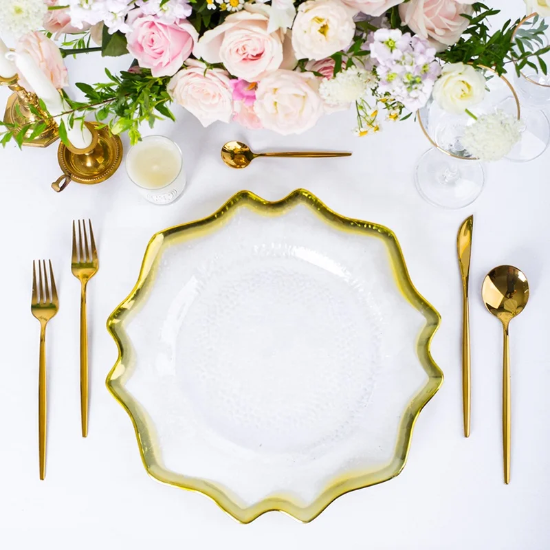 13 inch clear silver charger plate rose gold rim wedding decoration glass pink acrylic charger plates plastic rattan for dinner