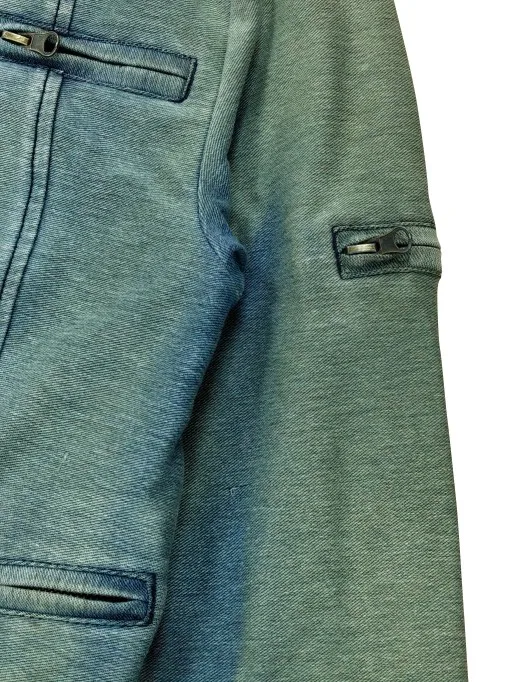 ladies knit denim washed collarless center front zipper chest besom bottom besom sleeve cuff sleeve cap zipped pockets jacket