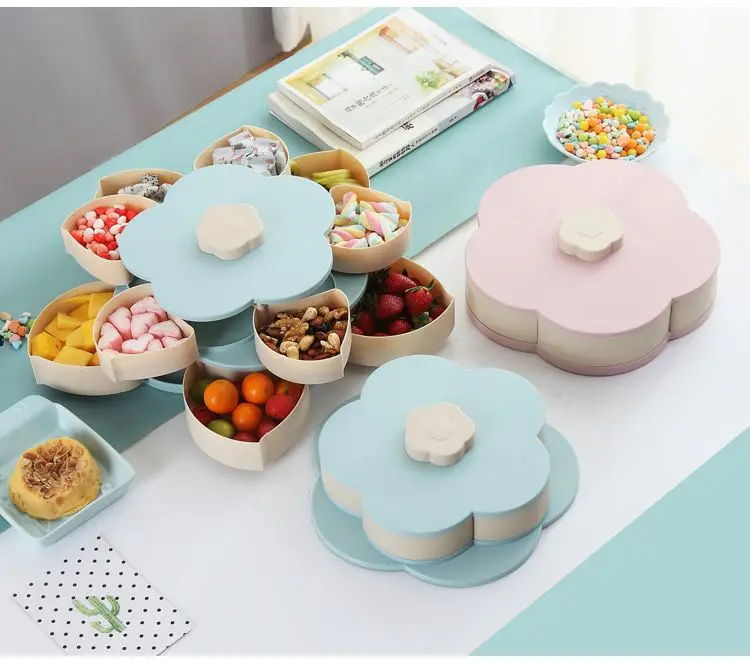 Single Layer Two Color Food Storage Tray With Small Partitions Rotary Switch Nuts Food Sub-Grid Storage Box