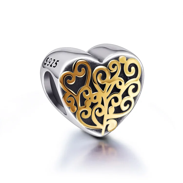 925 sterling silver heart shaped beads gold plated charms fit bracelet