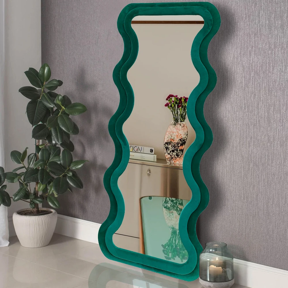 2024 New Promotion Wooden Mirror Spiegel Modern Irregular Wavy Long Home Goods Luminous Elegant Full Length Large Floor Mirrors