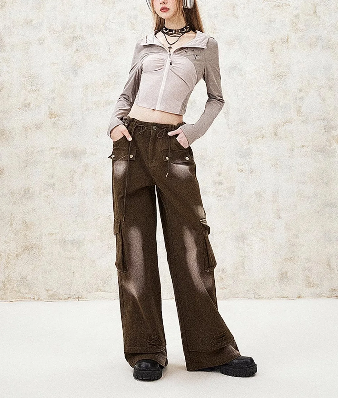 Washed Baggy Loose Trousers Washed New Y2K Women High Waist Multi Jeans Buggy Pockets Cargo Pants Punk Style Faux Jeans
