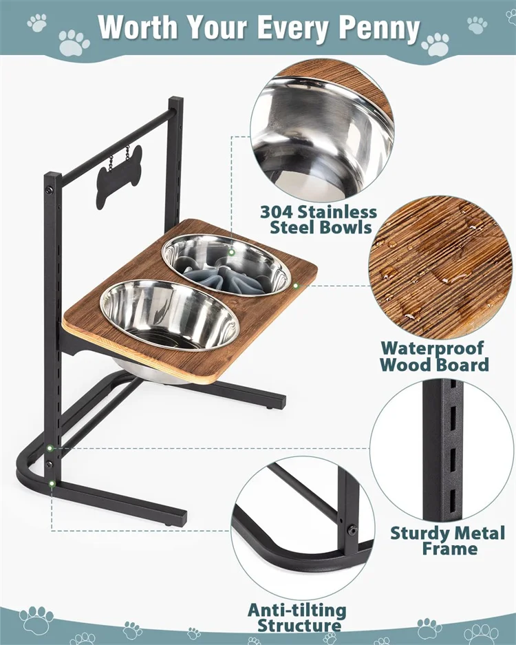 adjustable  Heights Tilted Stainless Steel Raised Dog Bowls Stand Metal Food and Water Bowl for Large Medium Small Dogs and Cats