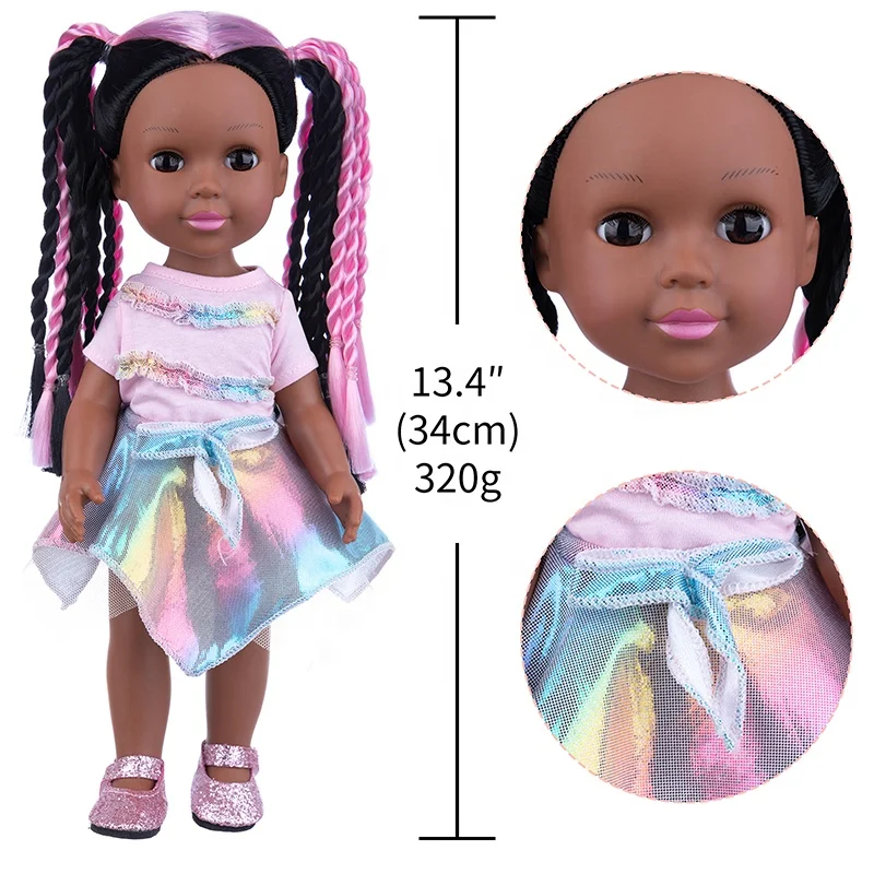 Role playing game toy 14inch oem pink braid hair black girl doll
