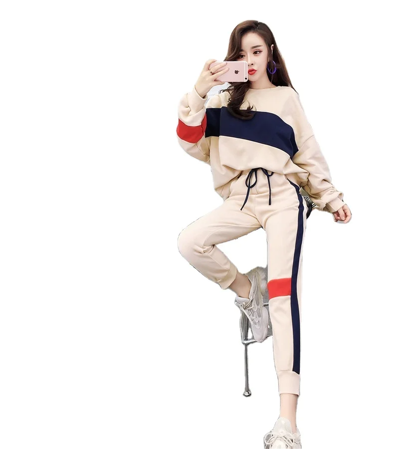 2020 spring and autumn suit female student casual Korean fashion loose long-sleeved stitching sweater and two-piece pants