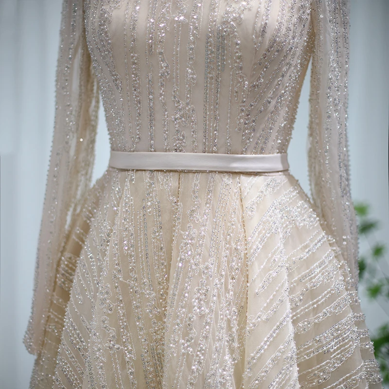 Jancember LSCZ135 Elegant 2023 O-neck Sequin Sashes  Pleat Evening Dress Long Sleeves