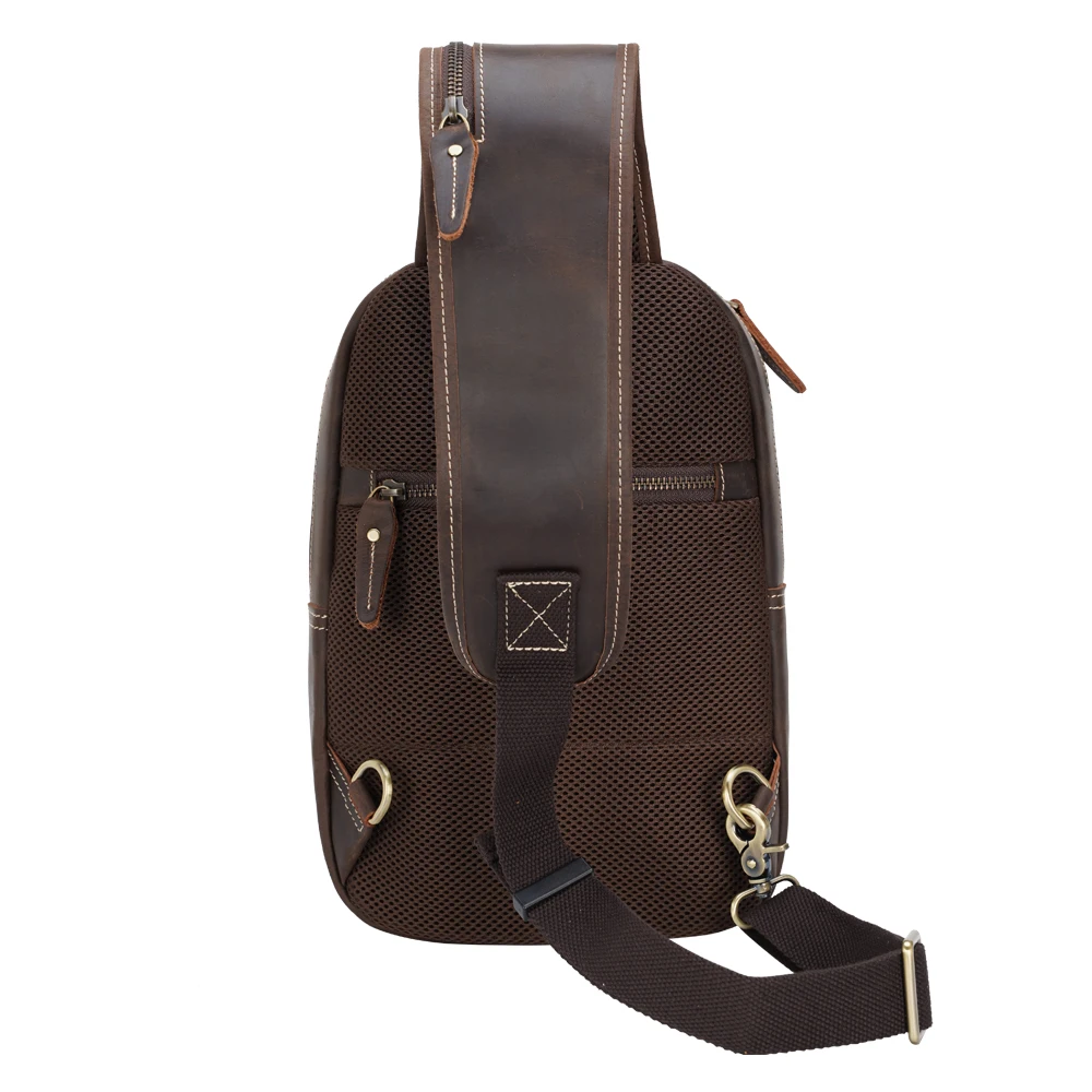 Travel Crossbody Shoulder Sling Bag Running Full Grain Brown Genuine Leather Crazy Horse Leather Chest Bag