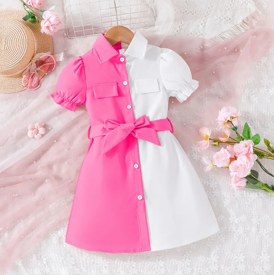 2024 New Design Long Sleeve Kids Dresses for Girls Baby Girls Sweet Clothing with Neck Solid Pattern Button Decoration Summer