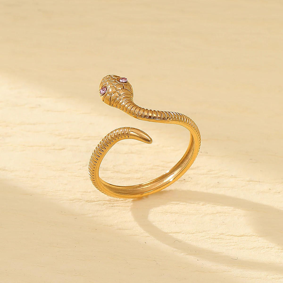 Personality Serpentine Snake Ring 18K PVD Gold Plated Stainless Steel Snake Eye Zircon Adjustable Open Ring Women Jewelry
