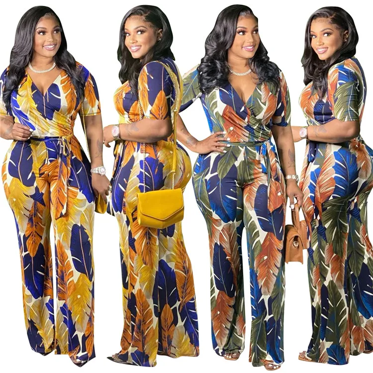 4XL Plus Size Casual Ladies Short Sleeve Rompers Print Stretchy V Neck Women One Piece Jumpsuits