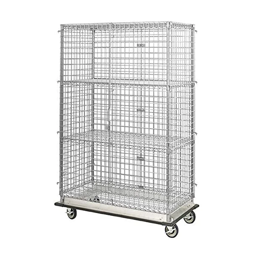High Mobile Chrome Security Cage with 2 Interior Shelves Wire Shelving Starter Unit Industrial Cart Wire Cage