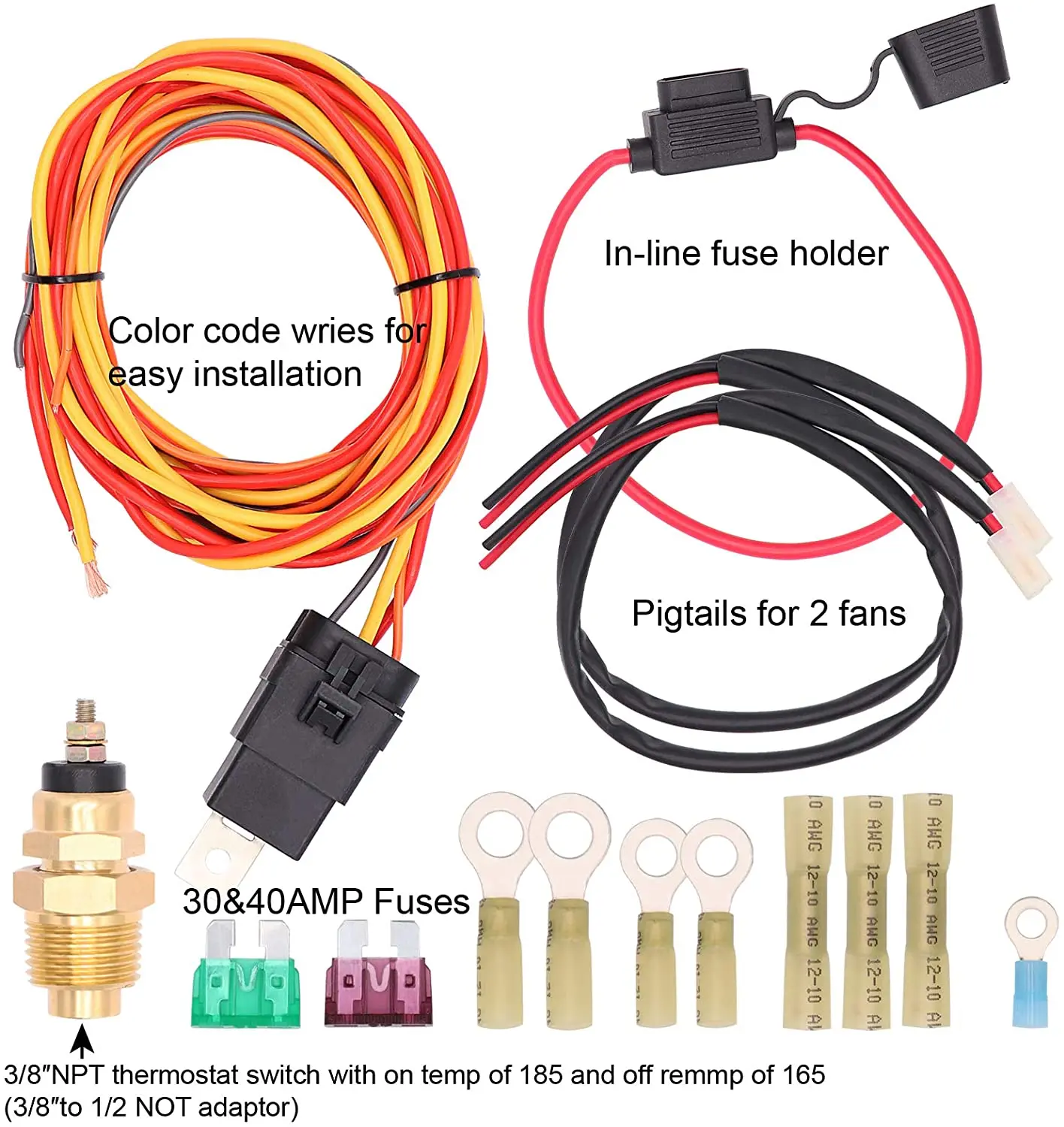 Dual Electric Fan Relay Kit with Thermostat Temperature Switch and Electric Cooling Fan Thermostat Kit 175-185 Degrees