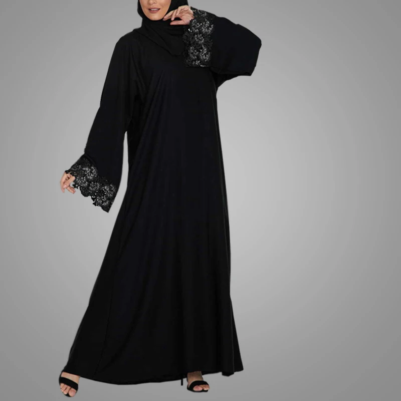 Hot Sell Moroccan Style Black Front Open Abaya Fashion Lace Long Sleeve Islamic Women Clothing Kimono Style Muslim Abaya