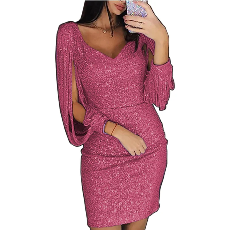 New Fashion Sexy Women V Ncek Solid Sequined Glitter Stitching Shining Club Sheath Long Sleeved Mini Dress