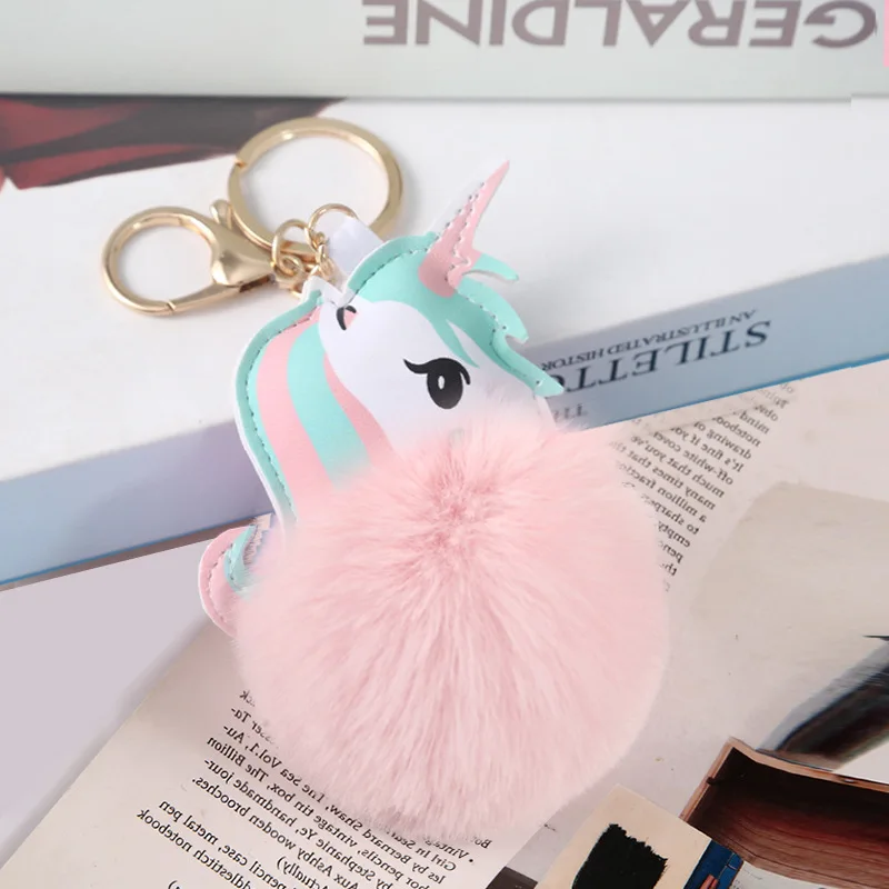 Custom Rabbit Furs Ball Key Chain Pompom Fluffy Fur Unicorn Keychains For Girls