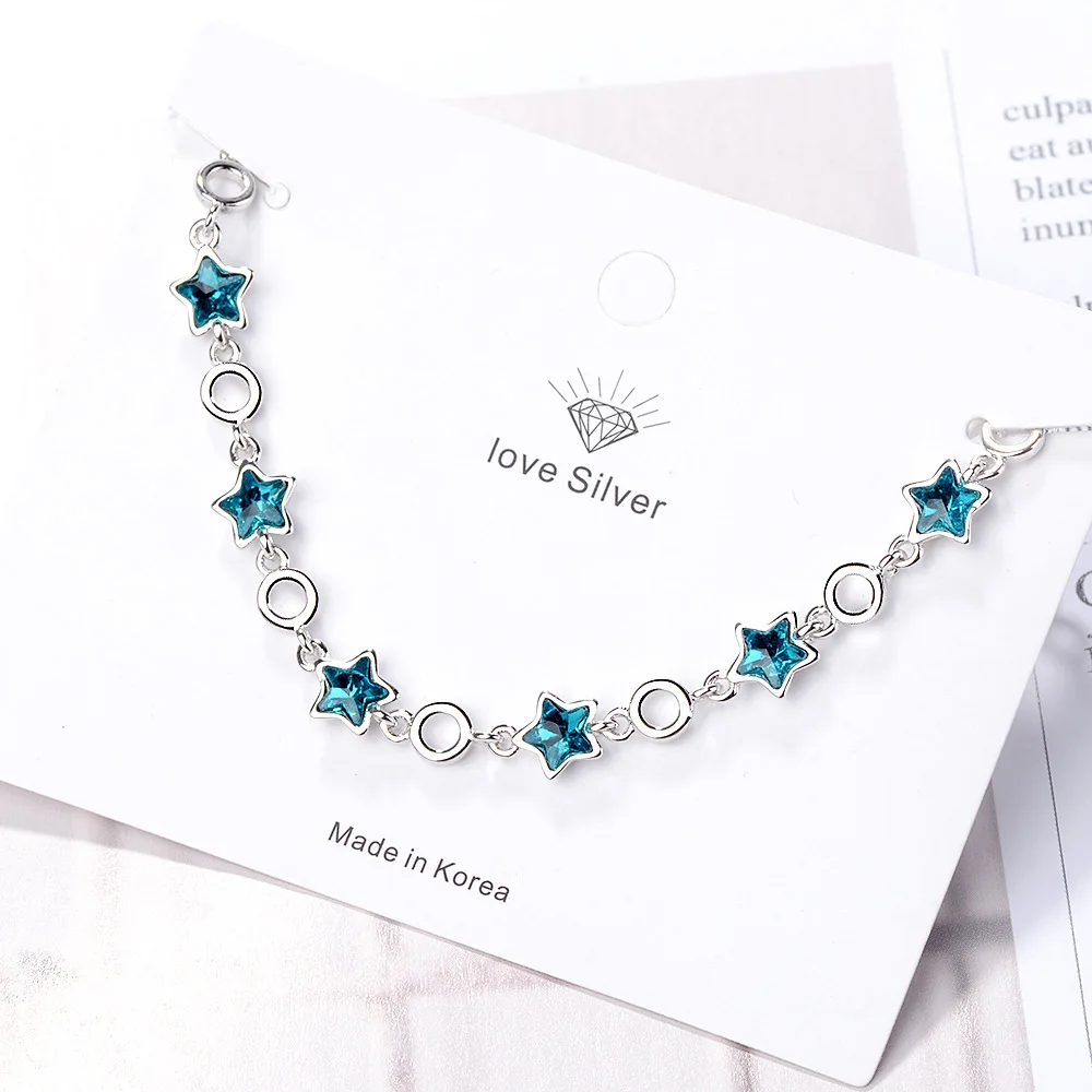 Wholesale Korean style simple blue pentagram artificial crystal cute star jewelry Bracelet  Palladium  Plated Women Jewelry