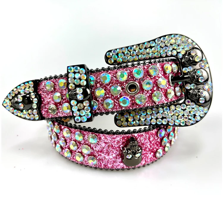 Custom logo Pink Rhinestone Belt Bling Bling Plus Size Crystal Belt For Men Jean Diamond Belt with Skull