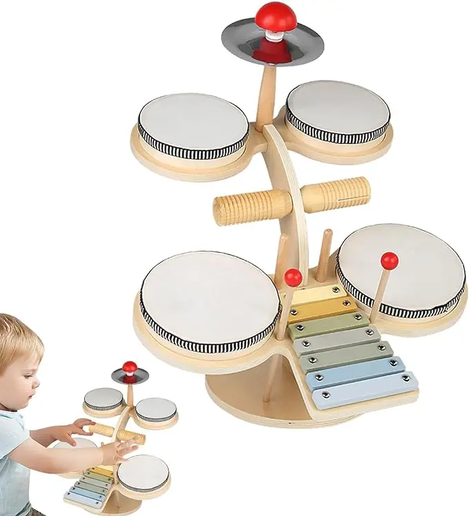 Kids Drum Set Montessori Musical Instruments Wooden Xylophone Music Percussion Pre-school Learning Motor Skill Toy for Toddlers