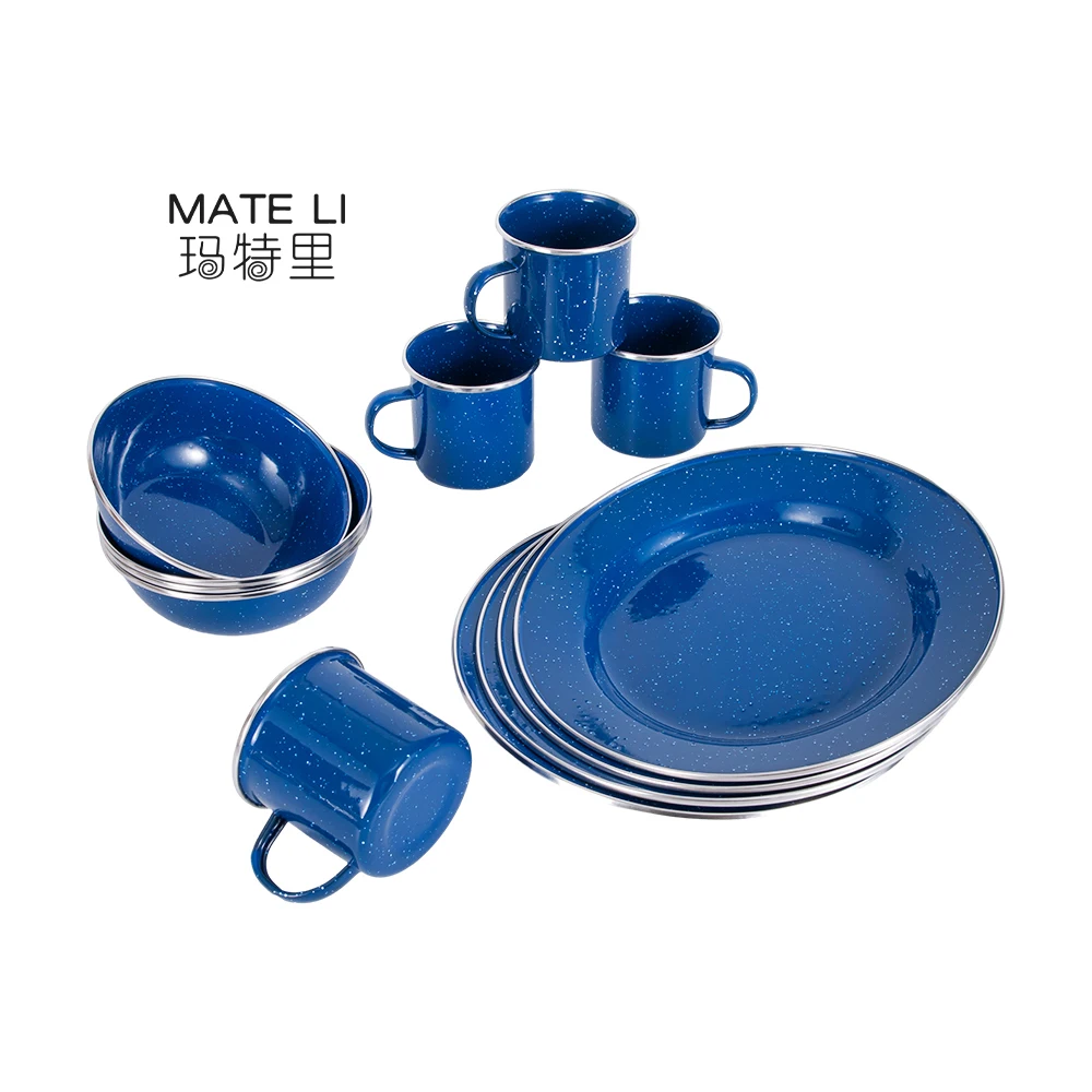 Camping Deluxe 24-Piece Enamel Mug Bowl Plate Dish Tableware Set Picnic Enamel Tableware Set for Family