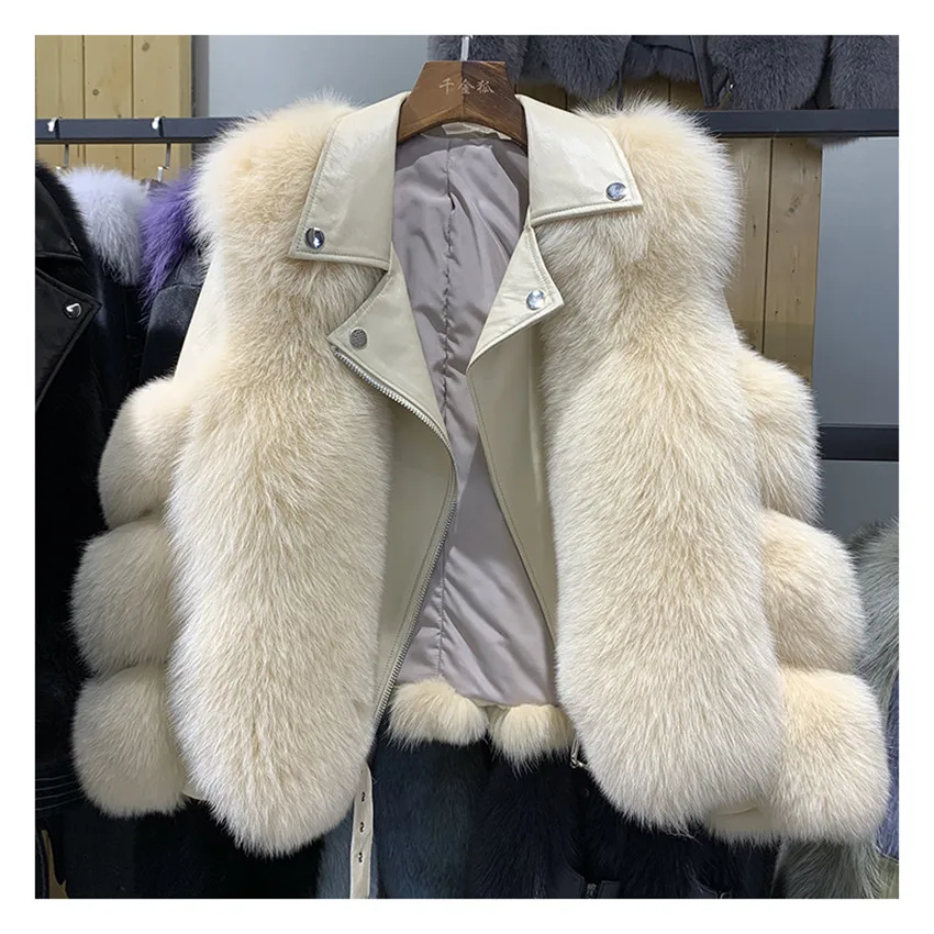 2021 New Short Classic Lady Colorful Beige Leather and Real Fox Fur Coat Ladies Fur Coat for Women