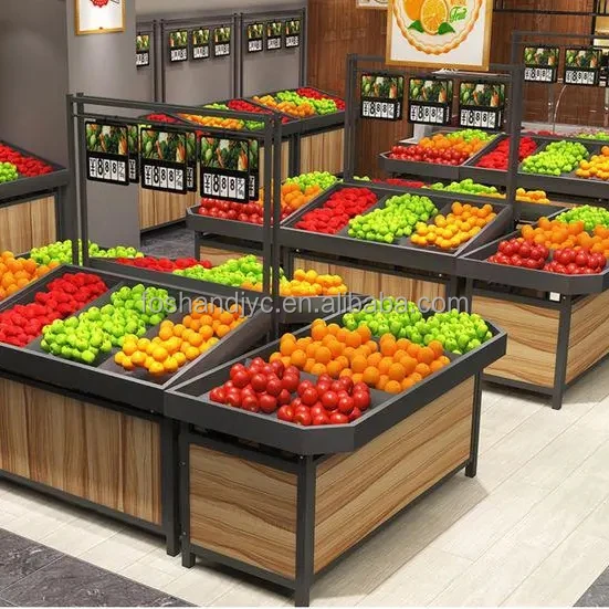 Supermarket desain wooden shelves store fruit display stand modern design vegetable racks shelf