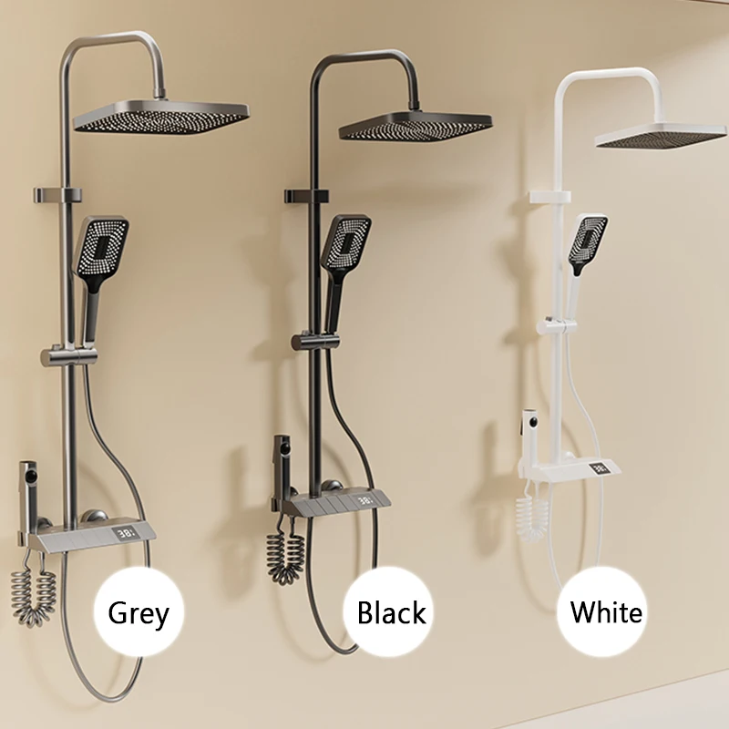 Top 1 Grey Piano LED Shower Set Digital Smart Brass Bathtub Rainfall Thermostatic Faucet Hot and Cold Rain