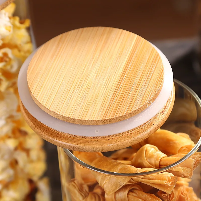 Borosilicate glass storage jar with bamboo lid for tube shaped glass storage jar for glass spice jar with wooden lid