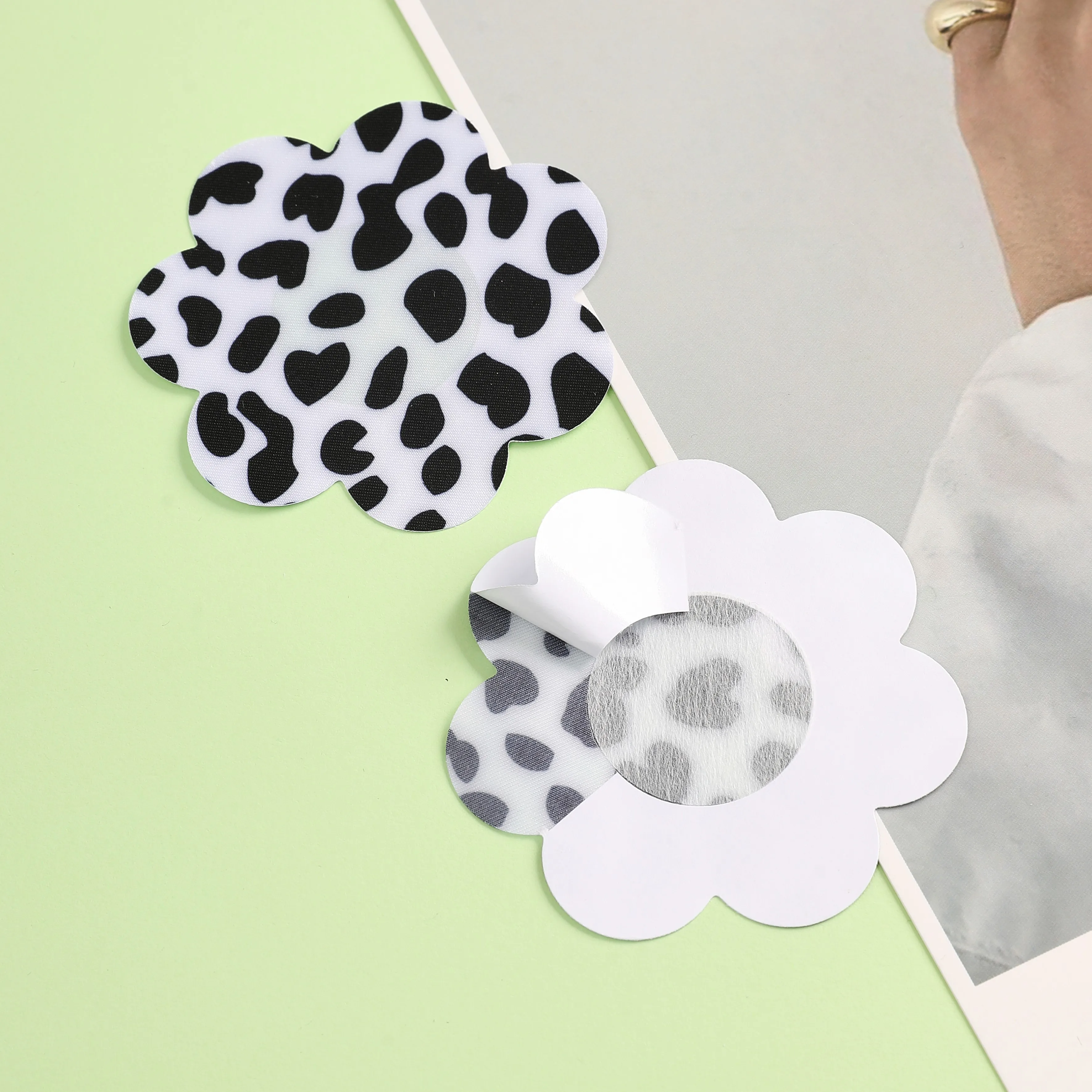 Fashionable Nipple Covers Satin Fabric Eco-Friendly Adhesive Breast Pasties Cow Pattern Breast Nipple Sticker Custom For Dating