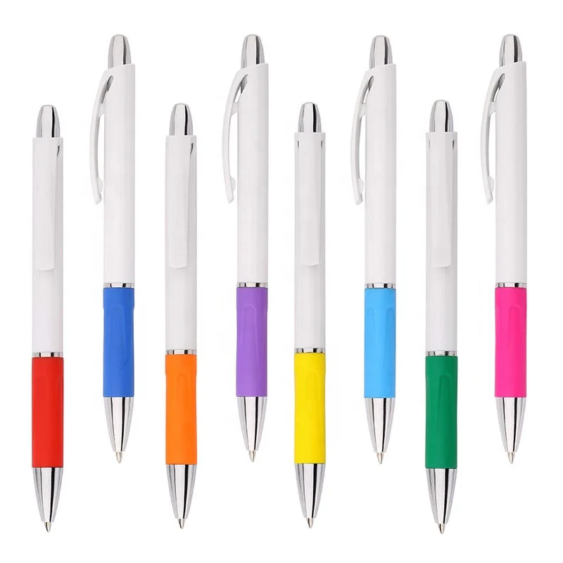 Simple design school stationery supplies logo printing solid white blank plastic ball pen with colorful rubber grip