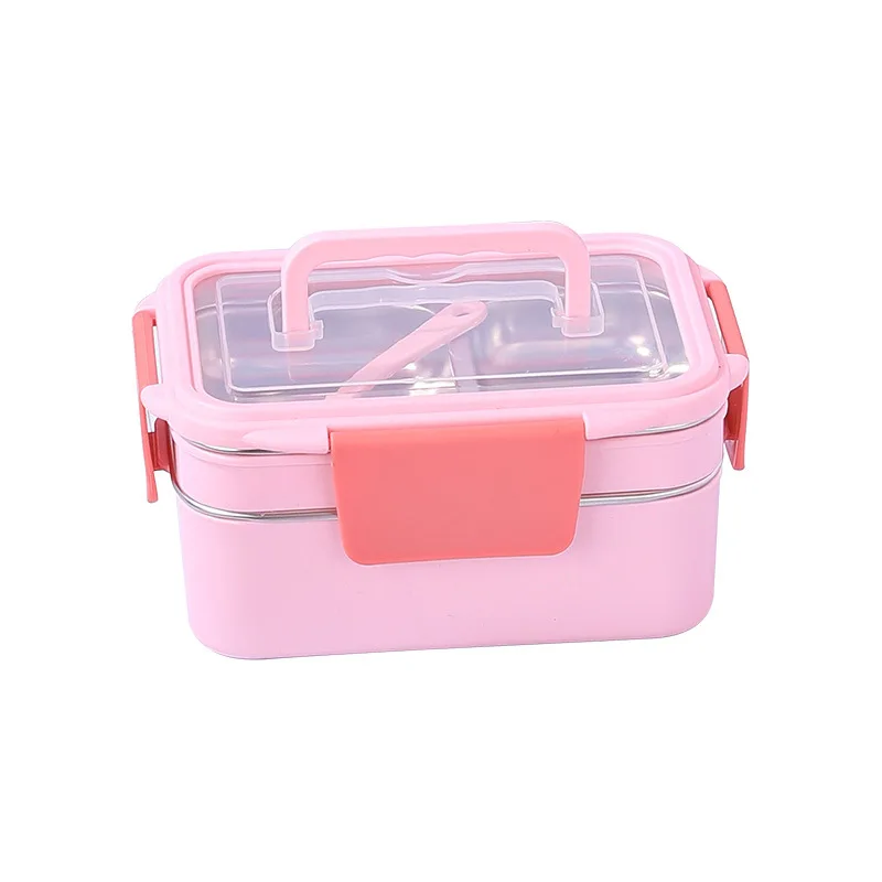 rectangle metal student double layer home school office stainless steel 304 Insulated PP Detachable Bento Lunch Box with handle
