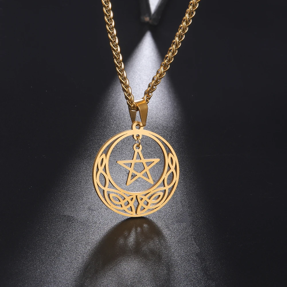 Vintage Stainless Steel Celtic Knot Charm Jewelry For Women Pentagrams Pendant Necklace Real Gold Plated Pentacle Charms Gifts