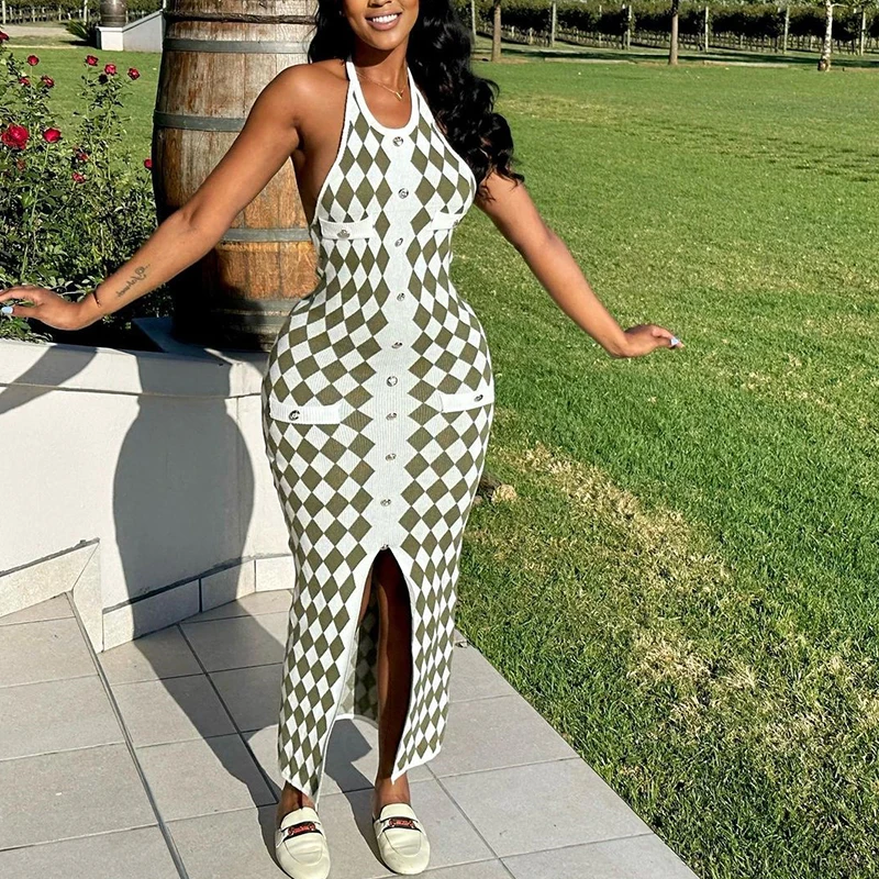 36130 Plaid Print Sleeveless Dresses Split Vintage Casual Women