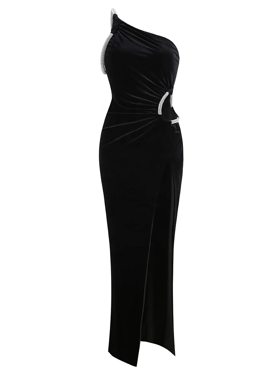 Wholesale Women Clothing Manufacturer Golden Velvet Sexy Black Banquet One Shoulder Elegant Long Gown Modest Evening Dress